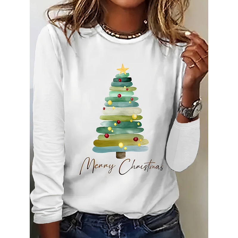 Women's Long Sleeve Merry Christmas T-Shirt, Cute Christmas Tree Graphic Tee, Funny Holiday Party Top