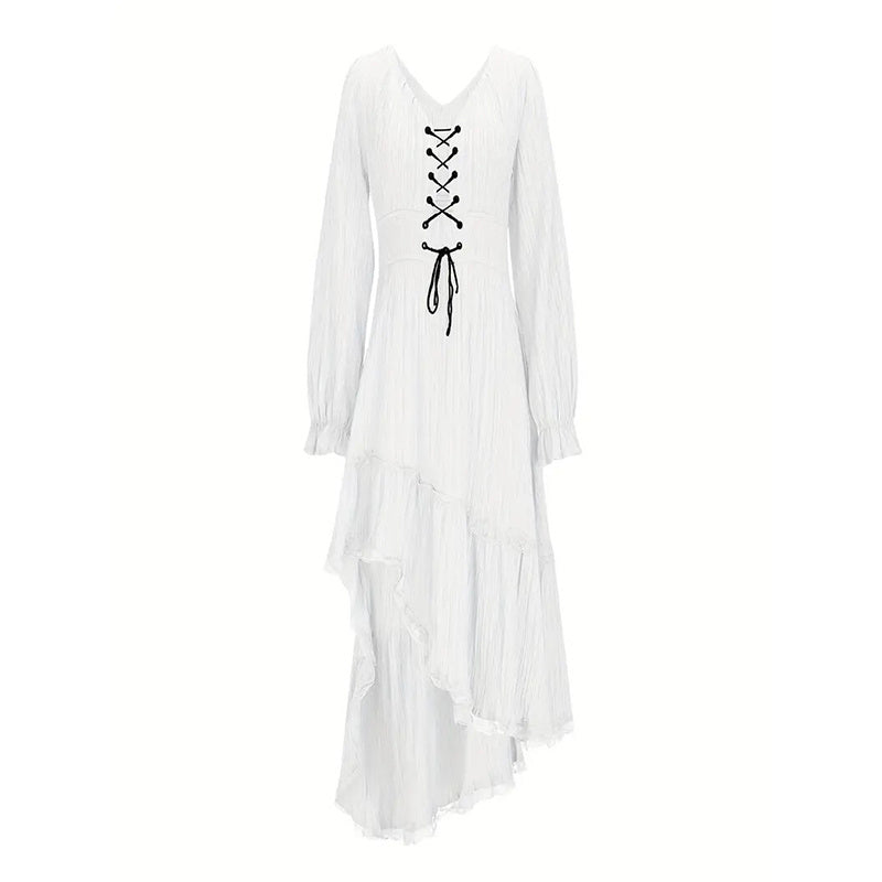 Women's Solid Color Deep V-Neck Irregular Ruffle Hem Sexy Tie-Waist With Cuffed Sleeves Summer Gothic Lace Trim Midi Dress