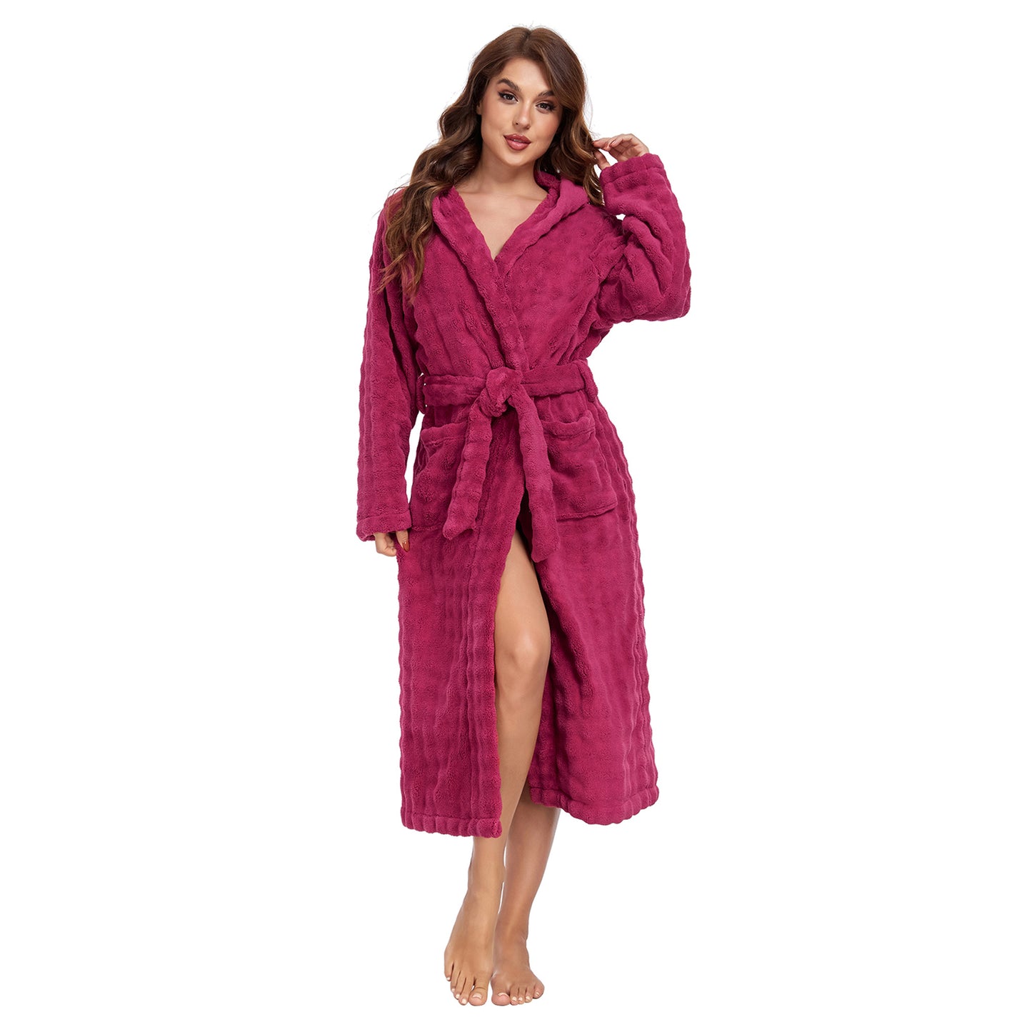 RONGTAI Luxury Plush Absorbency Robe For Women Extra Long Fleece Bathrobe With Hood & Pockets Warm Terry Cloth Loungewear