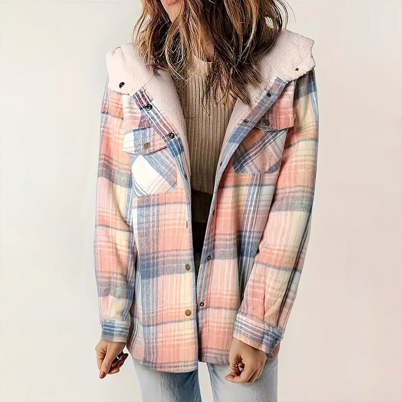 Women's Plaid Button-Up Long Sleeve Jacket Fall Winter Flap Button Pocket Design Casual Hooded Fleece-Lined Warm Coat