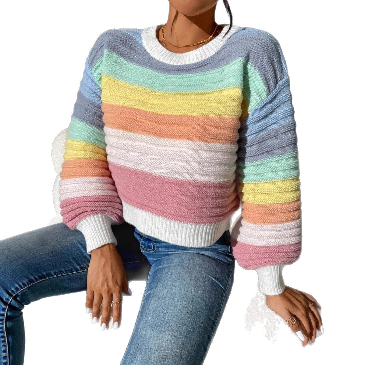 Elegant Elegant Spliced Rainbow Striped Lantern Sleeve Sweater