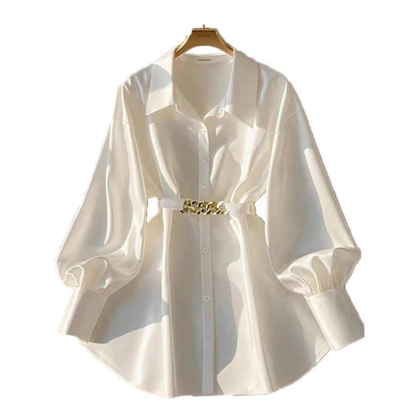 Women's Elegant Lapel Button-Down Top With Adjustable Metal Waist Belt Solid Color Loose Fit Blouse For Casual & Office Wear