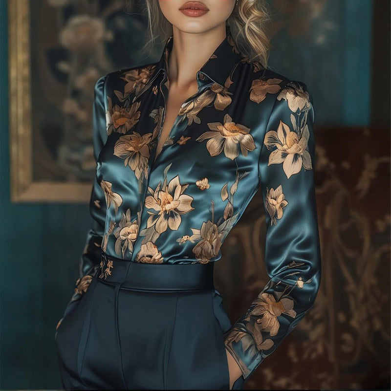 Women's Elegant Satin Lapel Long Sleeve Full Button Shirt Spring Autumn Fashion Tapered Waist Design With Sheen