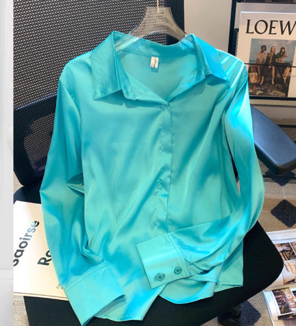 Women's Lapel Satin Draping Heavy Blue Shirt