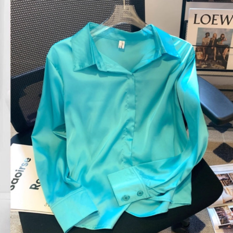 Women's Lapel Satin Draping Heavy Blue Shirt