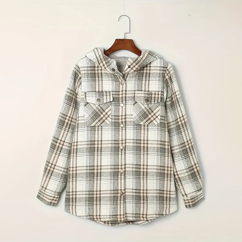 Women's Plaid Button-Up Long Sleeve Jacket Fall Winter  Flap Button Pocket Design Casual Hooded Fleece-Lined Warm Coat