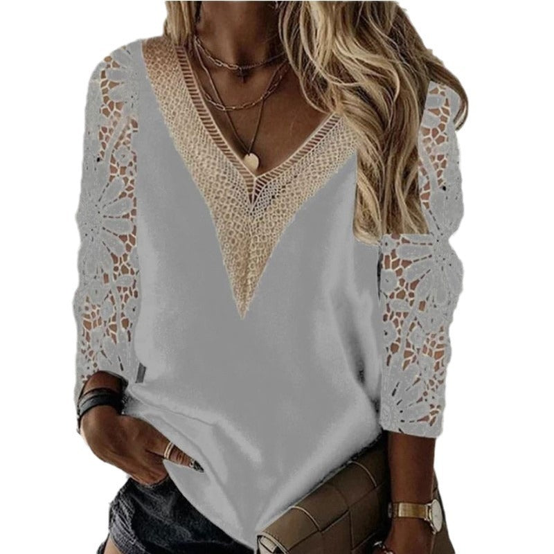 Commuter Nine-quarter Sleeve V-neck Stitching Hollow Lace Chiffon Shirt Pullover