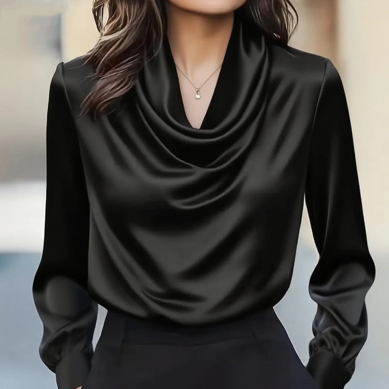 Women's Elegant Draped Neck Blouse, Solid Color Ruffle Detail Long Sleeve Shirt For Office And Formal Wear