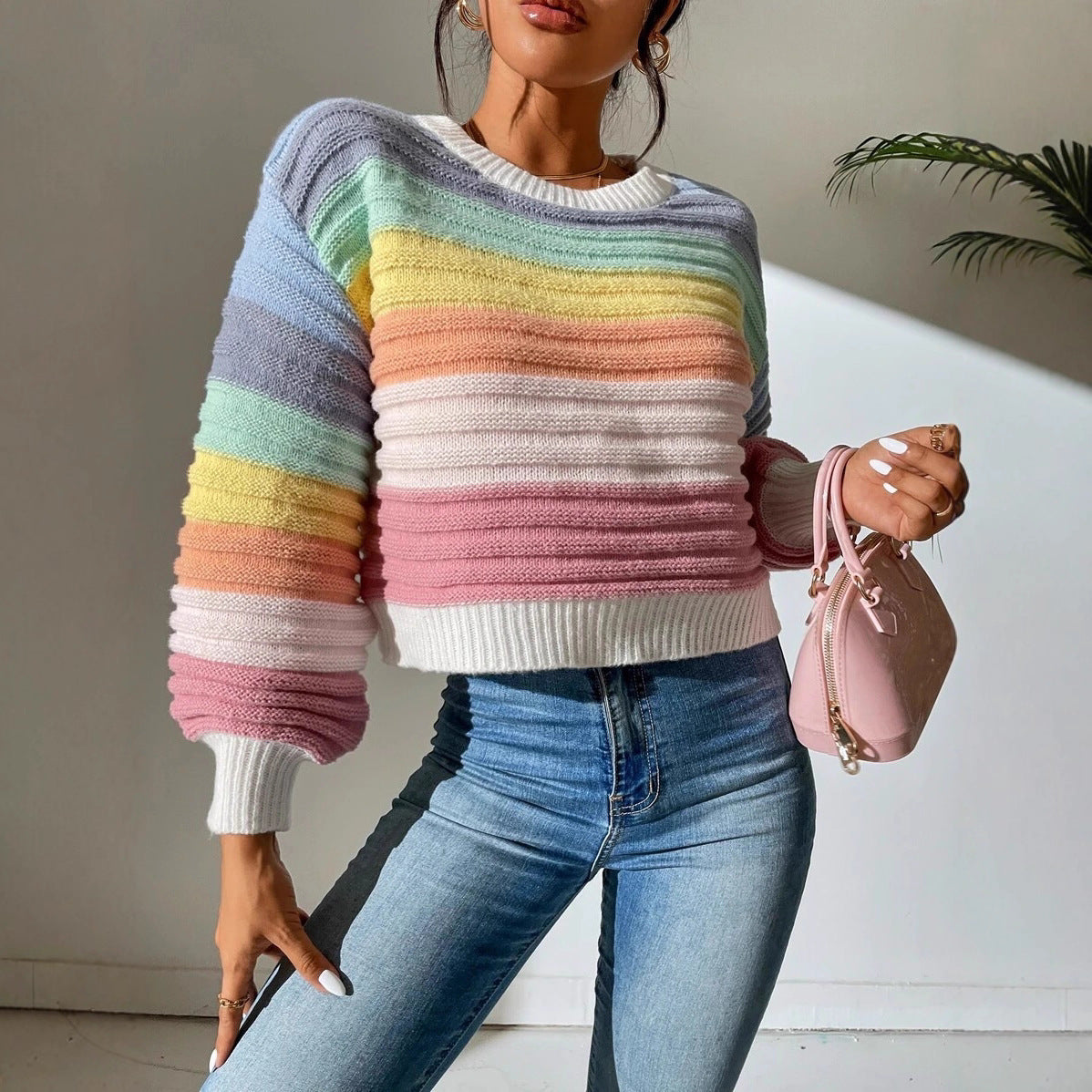Elegant Elegant Spliced Rainbow Striped Lantern Sleeve Sweater
