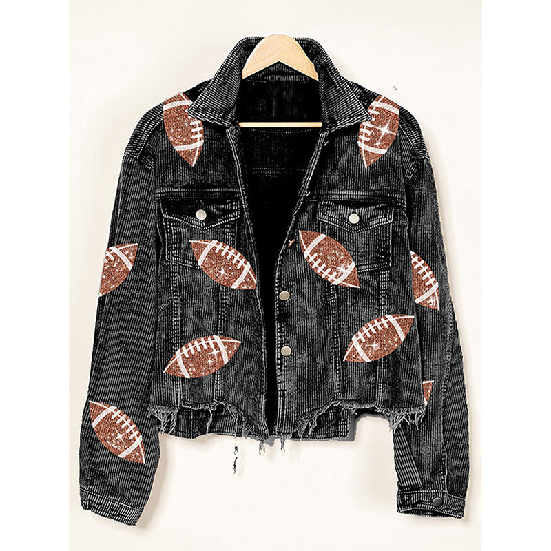 Women's Cropped Corduroy Jacket, Football Game Day Short Jacket With Button Front And Raw Hem For Fall Outfits