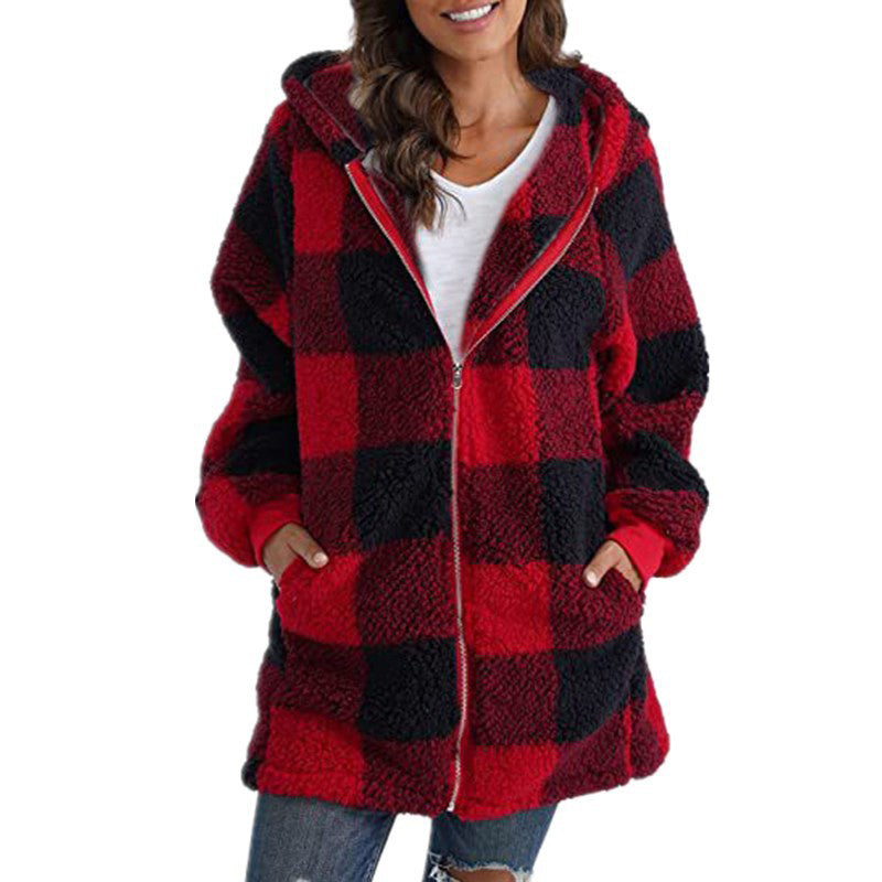 Women's Plaid Hooded Jacket, Long Sleeve Zip Up Oversized Coat With Pockets For Winter Casual And Commute