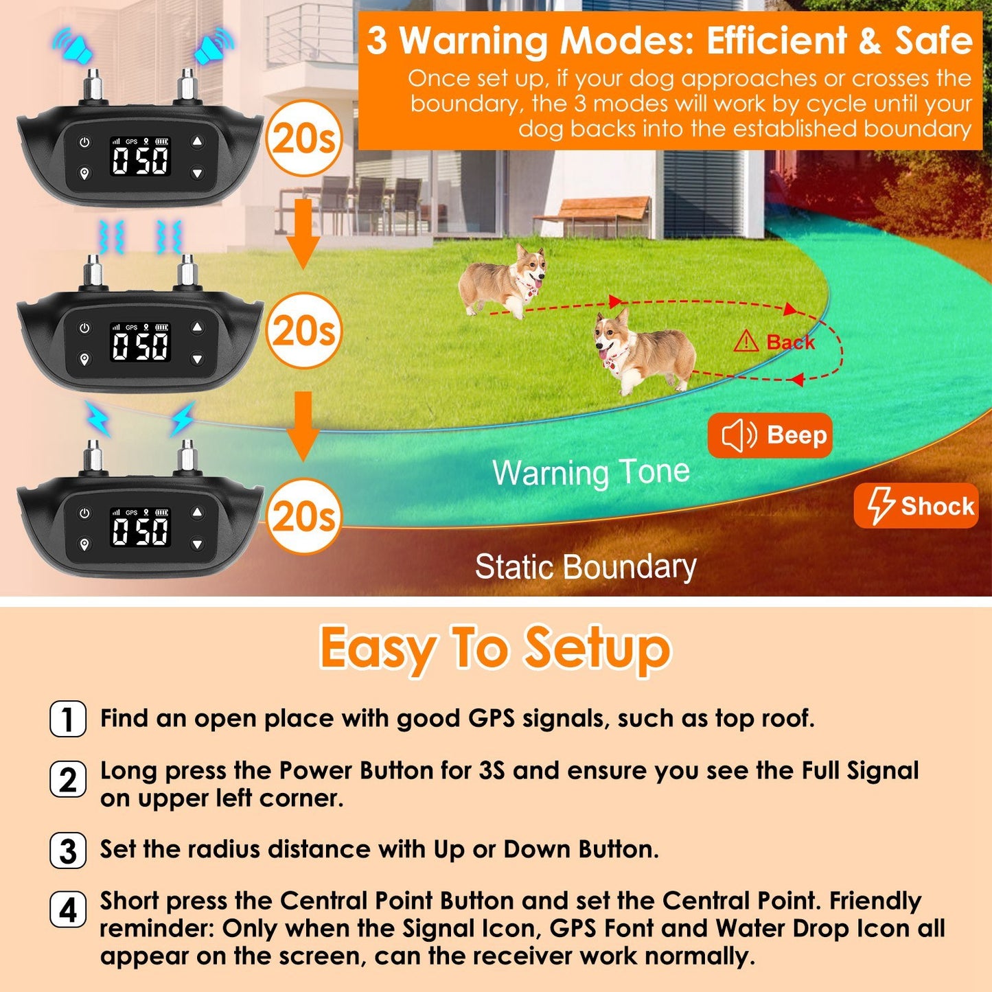 2 In 1 Dog GPS Fence Tracker Wireless GPS Dog Fence GPS Dog Collar With 32-2887FT Radius IPX6 Waterproof For Small Medium Large Dogs
