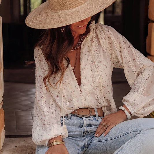 Boho Chic Women's Blouse, Floral Print V Neck Lantern Sleeve Sheer Top For Elegant Casual Wear