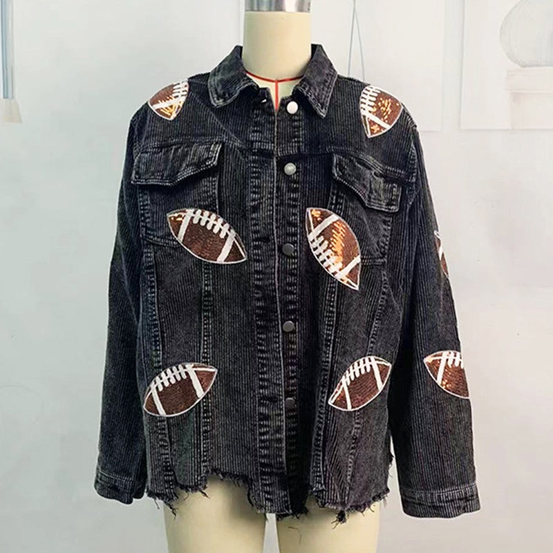Women's Cropped Corduroy Jacket, Football Game Day Short Jacket With Button Front And Raw Hem For Fall Outfits