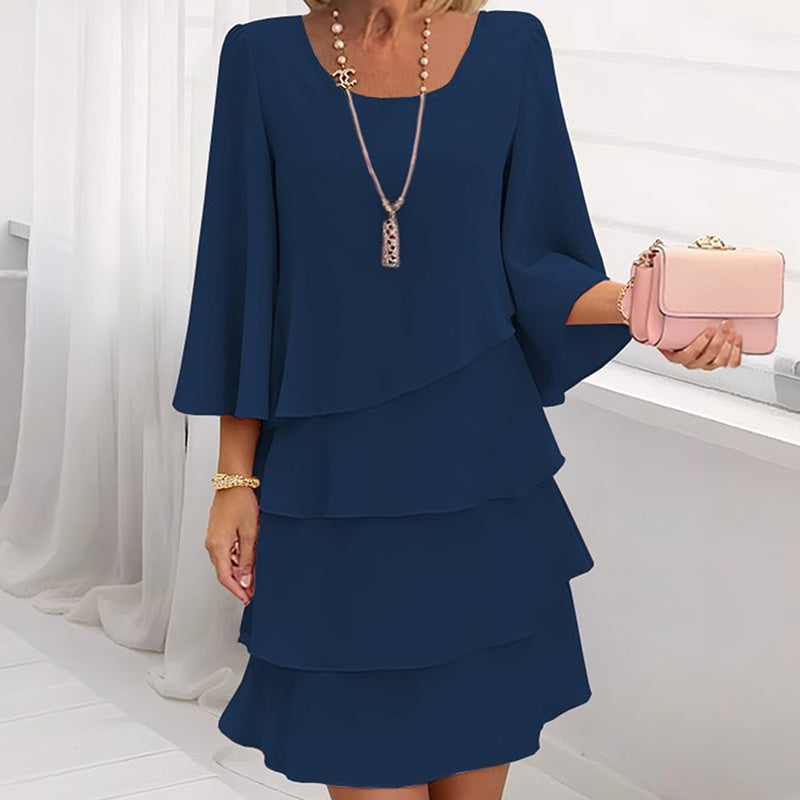 Women's Long Sleeve Crew Neck Tiered Layered Midi Dress , Asymmetrical Hem A-Line Short Elegant Party Dress