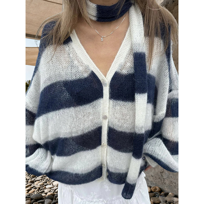 Womens Striped Cardigan Sweaters V Neck Open Front Button Up Color Block Loose Coats With Scarf