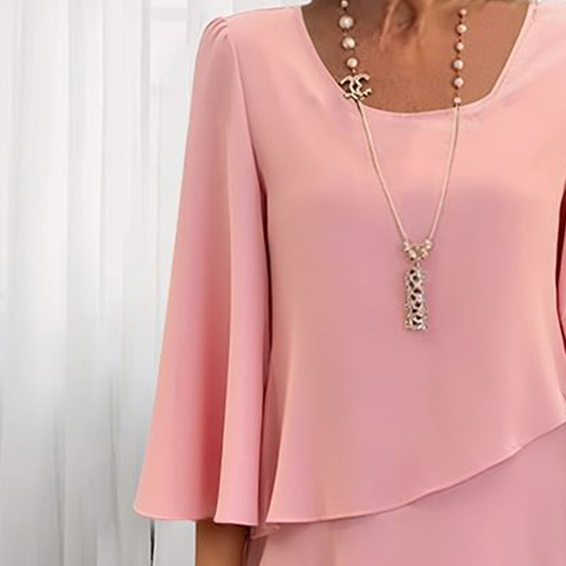 Women's Long Sleeve Crew Neck Tiered Layered Midi Dress , Asymmetrical Hem A-Line Short Elegant Party Dress