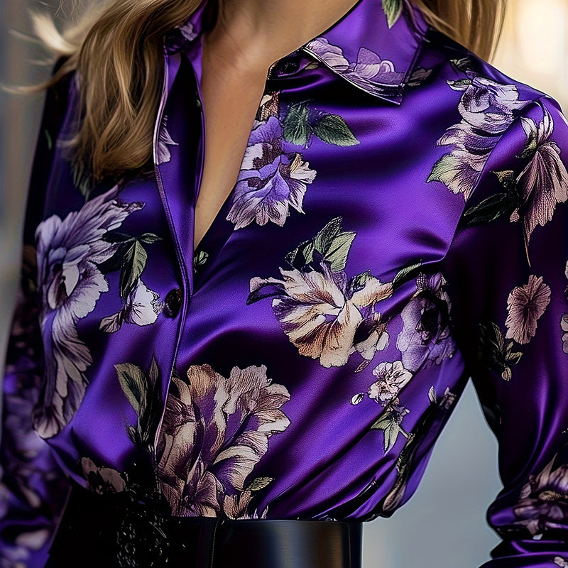 Women's Elegant Satin Lapel Long Sleeve Full Button Shirt Spring Autumn Fashion Tapered Waist Design With Sheen