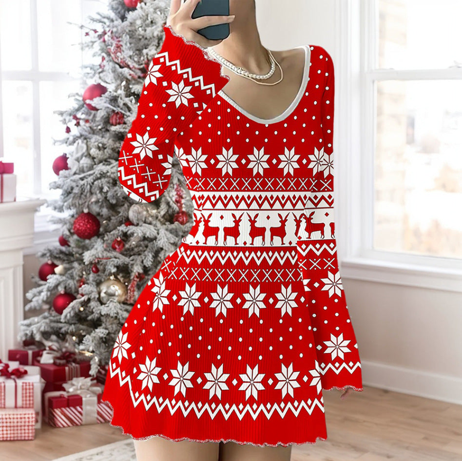 V-neck Stretch Sunken Stripe Christmas Printed Flared Sleeve Dress