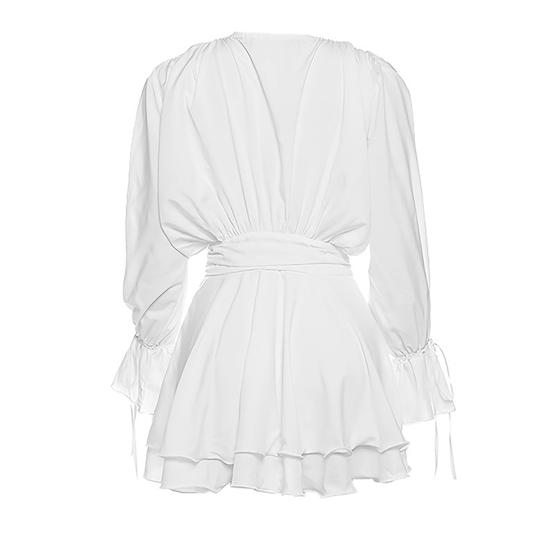 Women's Elegant Solid Color Tie-Neck Dress With Floral Applique, Smocked Sleeves & Tiered Ruffle Hem Boho Mini Dress For Spring Summer