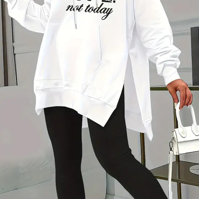 Women's Casual 2-Piece Set Solid Color Leggings & Letter Print Pocket Drawstring Hooded Sweatshirt With Split Hem Spring Fall Fashion Outfit