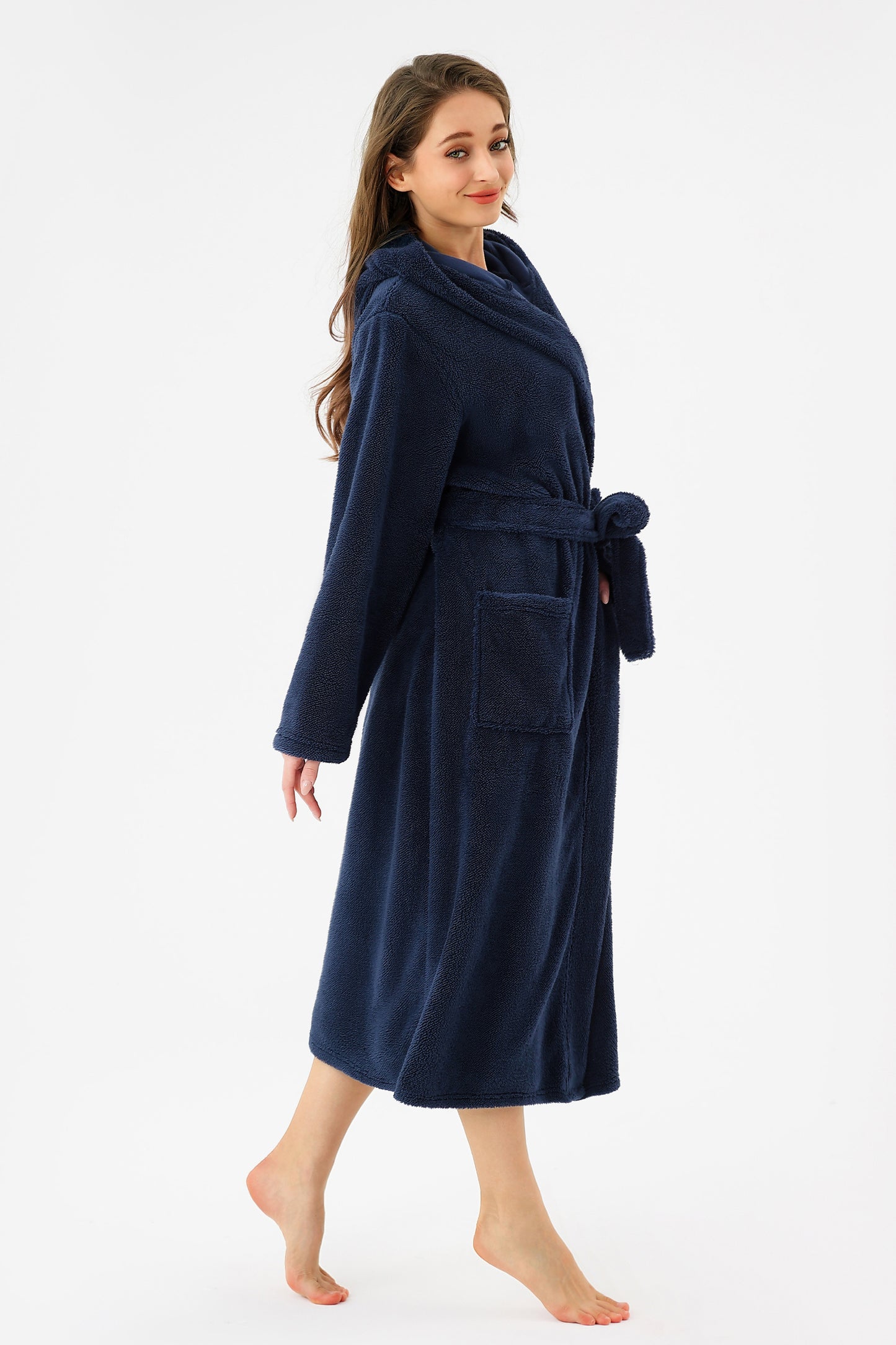 RONGTAI Womens Hooded Robe Long Plush Fleece Bathrobe With Pockets Nightwear S-XXL