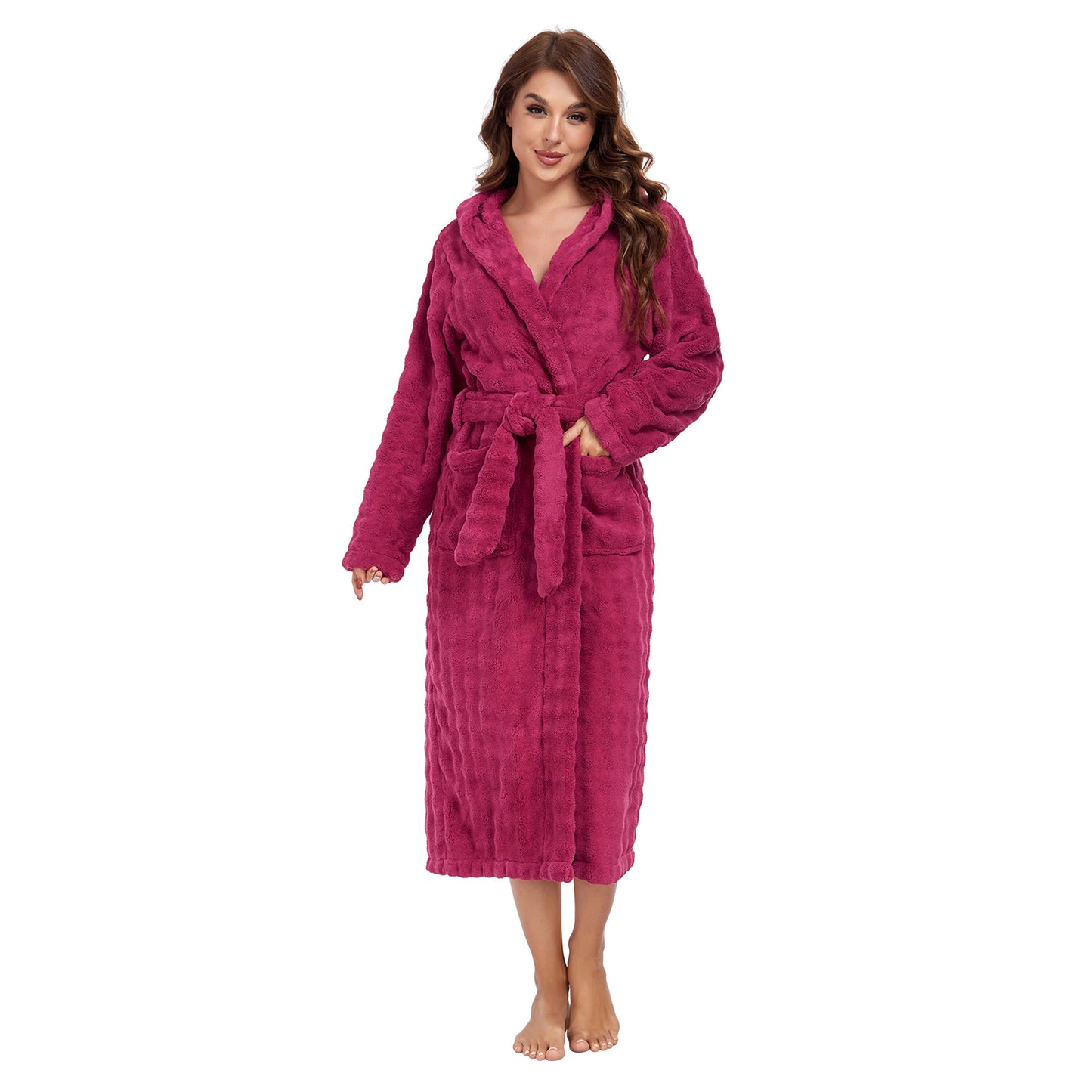 RONGTAI Luxury Plush Absorbency Robe For Women Extra Long Fleece Bathrobe With Hood & Pockets Warm Terry Cloth Loungewear
