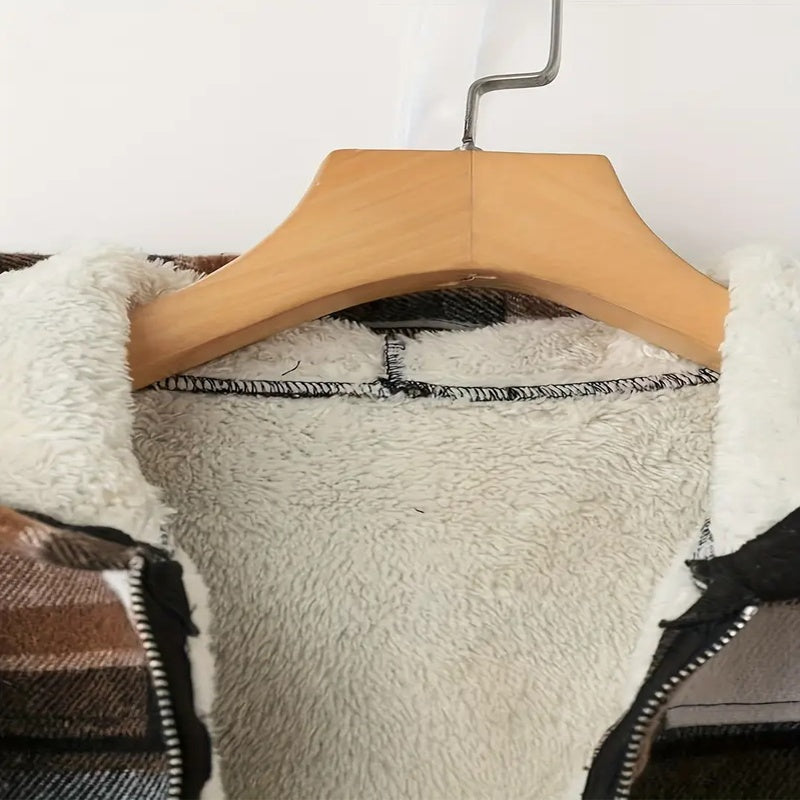 Women's Elegant Plaid Hooded Jacket, Full-Zip Lightweight Coat For Winter Casual Wear