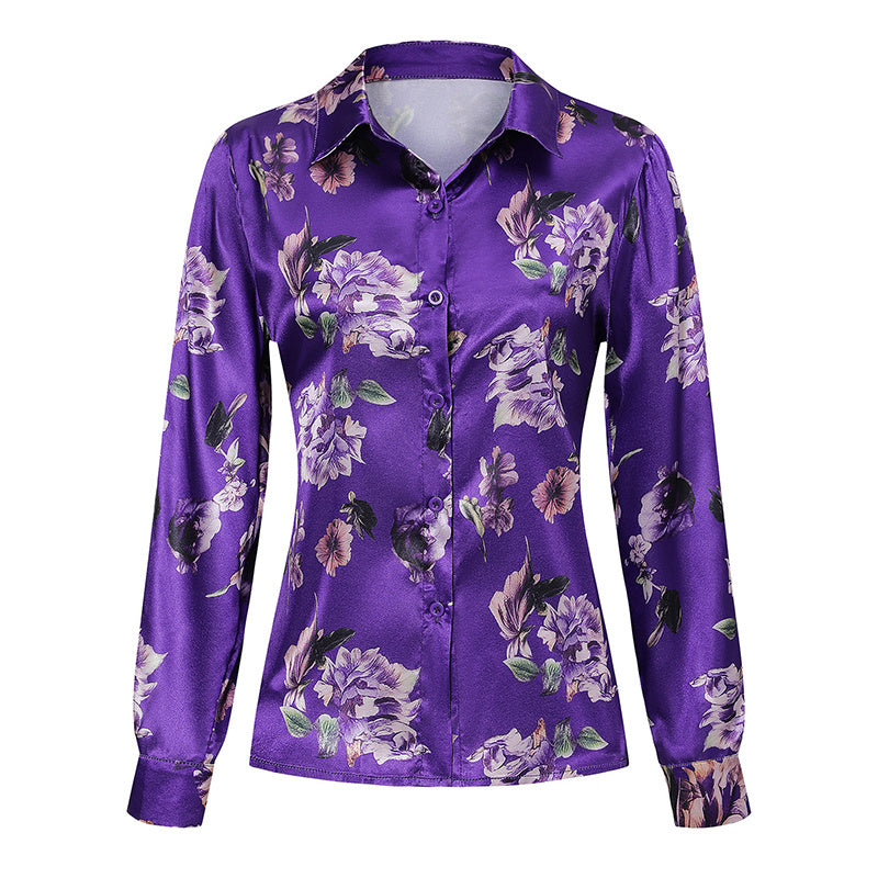 Women's Elegant Satin Lapel Long Sleeve Full Button Shirt Spring Autumn Fashion Tapered Waist Design With Sheen