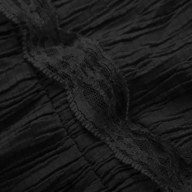 Women's Solid Color Deep V-Neck Irregular Ruffle Hem Sexy Tie-Waist With Cuffed Sleeves Summer Gothic Lace Trim Midi Dress