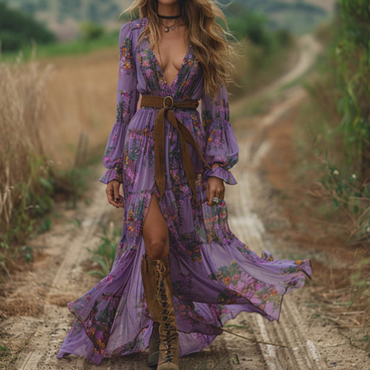 Women's Bohemian Floral Print V-Neck Rustic Lace Trim Long Sleeve Maxi Dress With High Slit Cottagecore Evening Dress