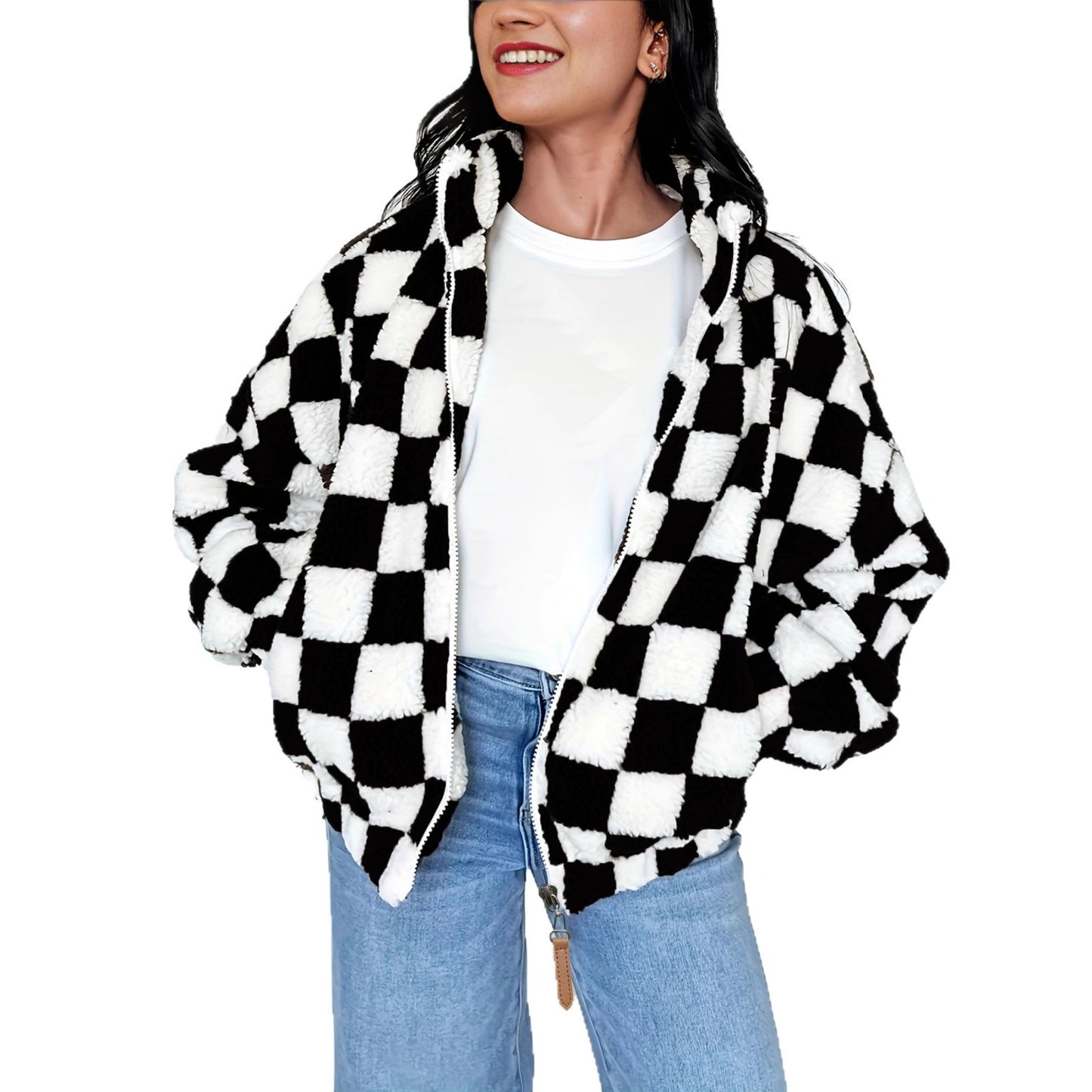 Women's Plush Long Sleeve Plaid Zipper With Pockets Baggy Coat