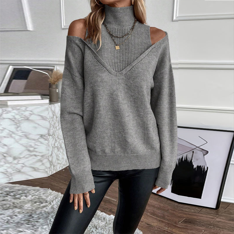 Women's Elegant Off-Shoulder Turtleneck Sweater, Solid Color Long Sleeve Knit Top For Autumn & Winter