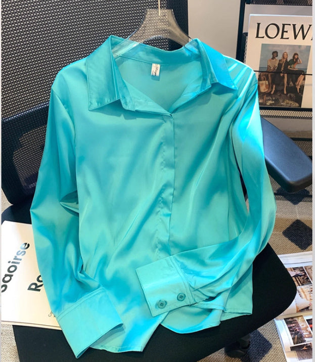 Women's Lapel Satin Draping Heavy Blue Shirt