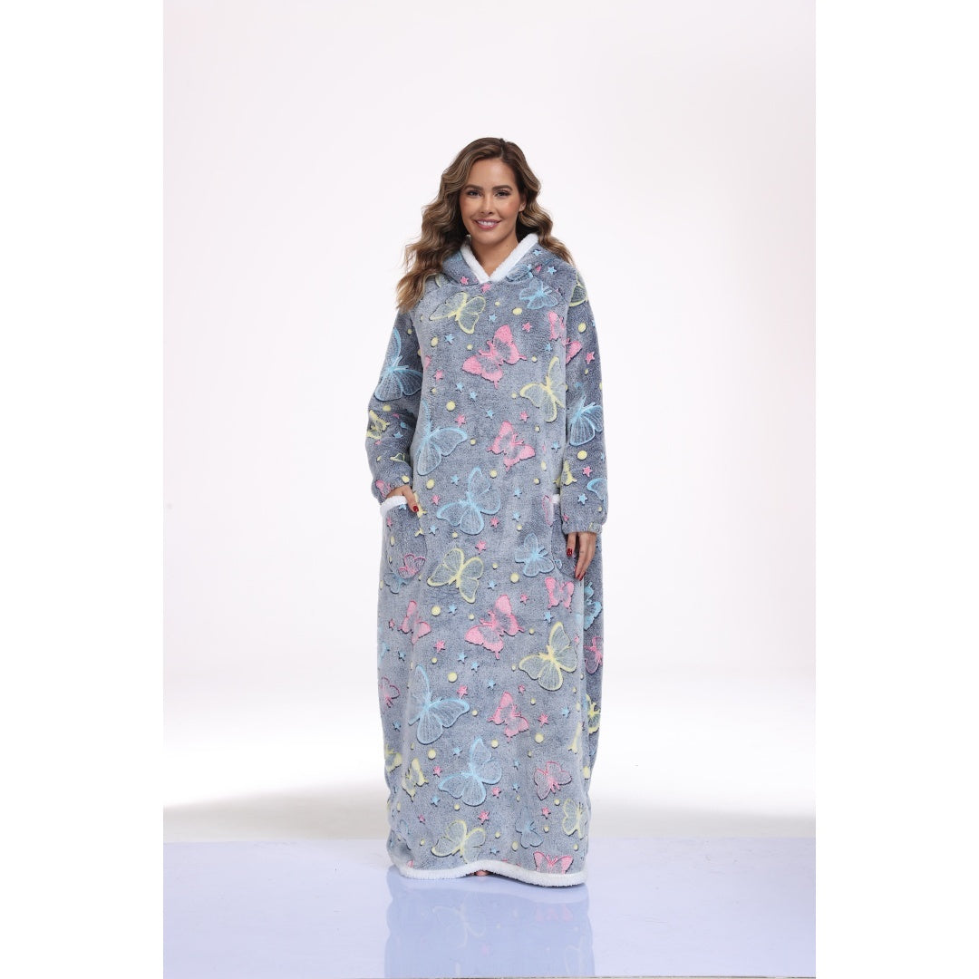 Oversized Wearable Hooded Blanket With Print Glow In The Dark Long Size-59in Sherpa Warm Sweatshirt For Women