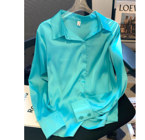 Women's Lapel Satin Draping Heavy Blue Shirt
