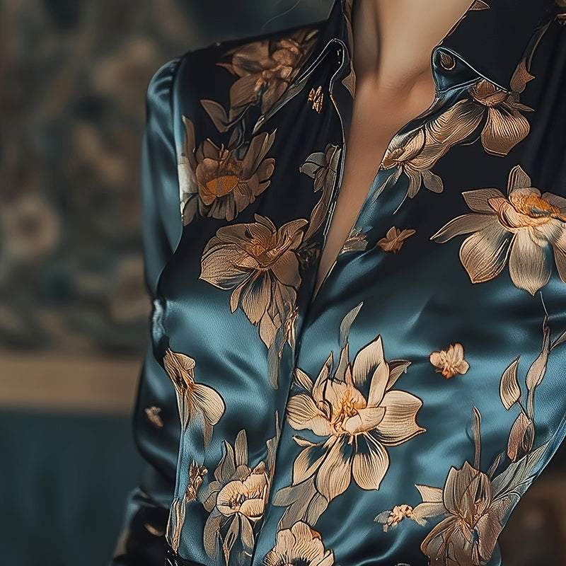 Women's Elegant Satin Lapel Long Sleeve Full Button Shirt Spring Autumn Fashion Tapered Waist Design With Sheen