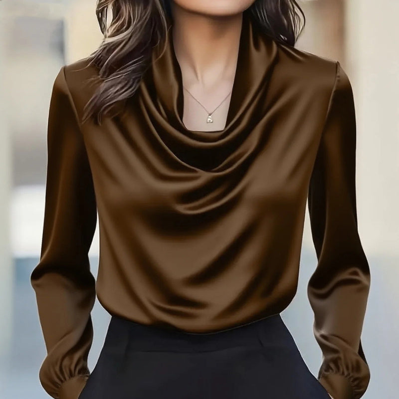 Women's Elegant Draped Neck Blouse, Solid Color Ruffle Detail Long Sleeve Shirt For Office And Formal Wear