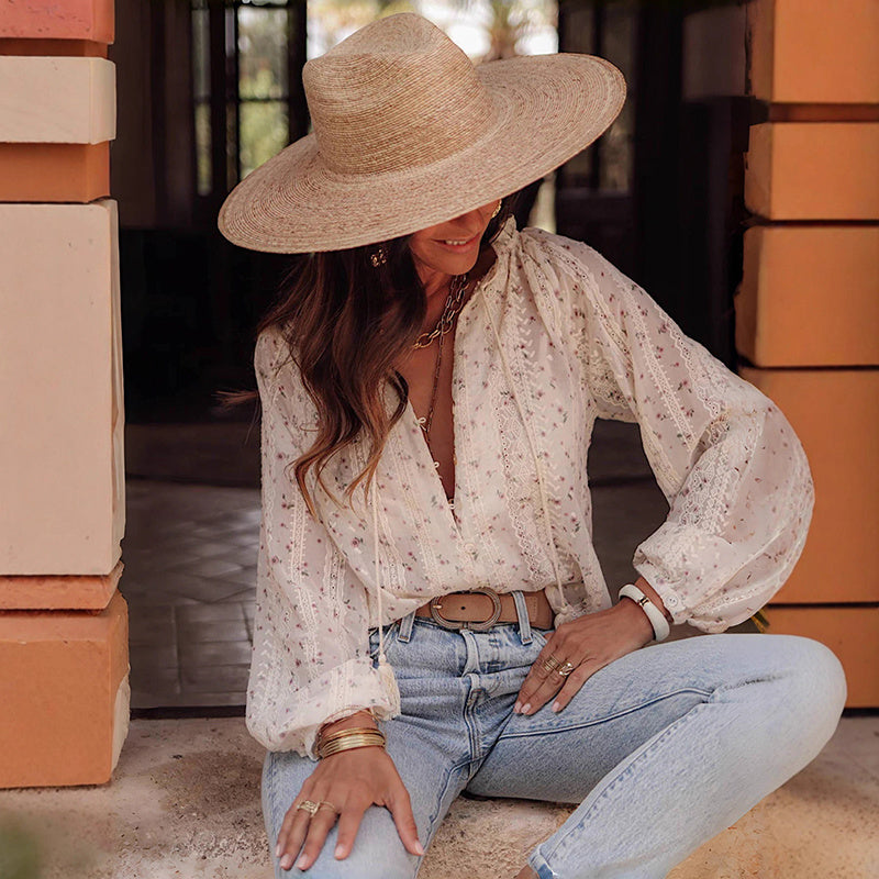 Boho Chic Women's Blouse, Floral Print V Neck Lantern Sleeve Sheer Top For Elegant Casual Wear