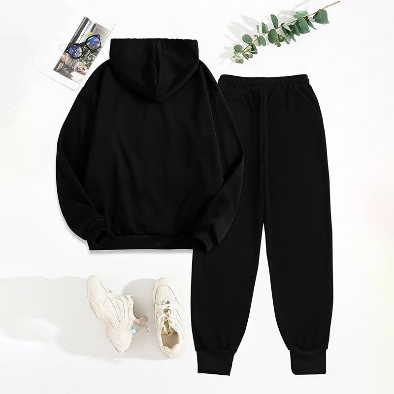 Women's Solid 2-Piece Set Letter Print Hoodie With Pocket & Drawstring Jogger Pants Casual Tracksuit