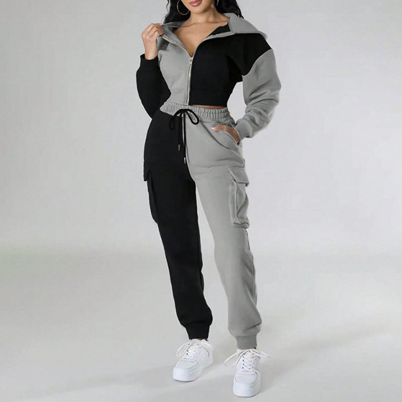Women's Color Block 2 Piece Set, Full Zip Up Cropped Hoodie Jacket & Drawstring Cargo Pants, Casual Streetwear Outfit