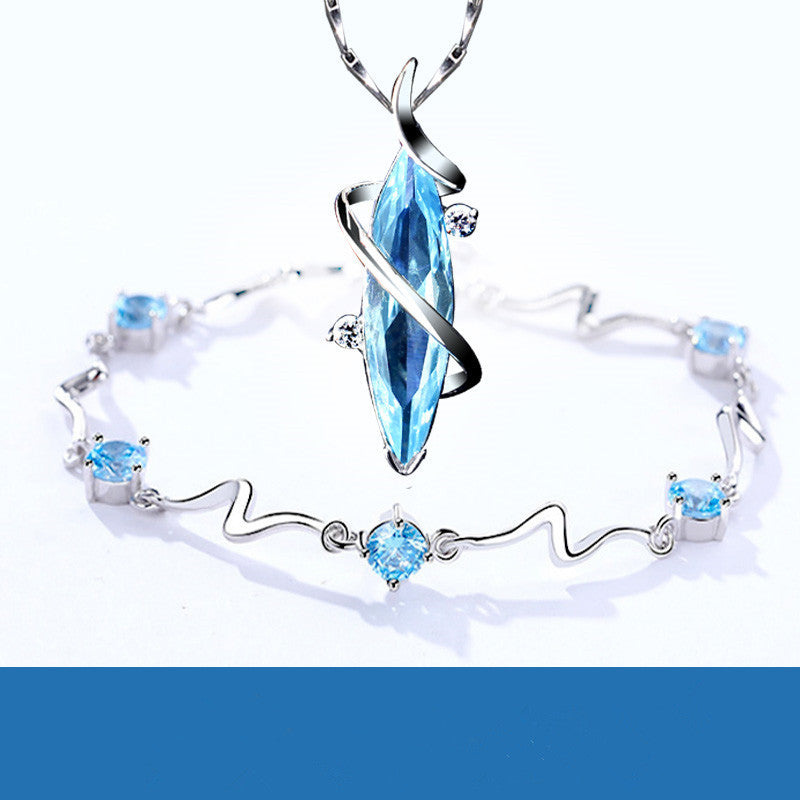 Sterling Silver Blue Crystal Necklace Chain Pendant  Lady