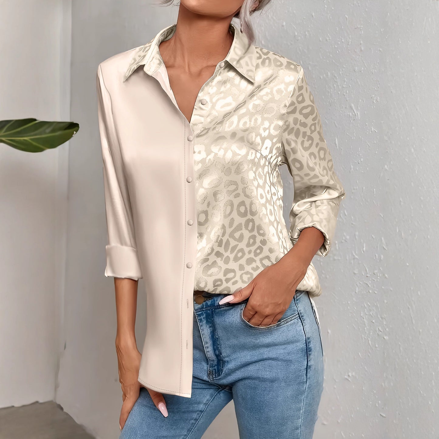 Elegant Style Leopard Print Women's Long-sleeved Double Shirt