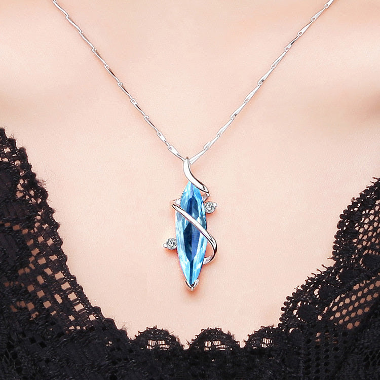 Sterling Silver Blue Crystal Necklace Chain Pendant  Lady
