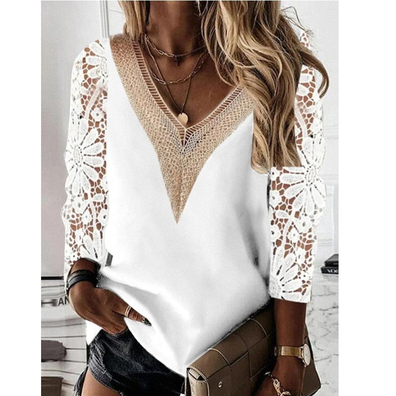 Commuter Nine-quarter Sleeve V-neck Stitching Hollow Lace Chiffon Shirt Pullover