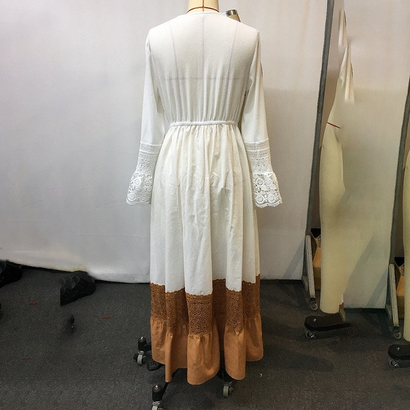 Boho Chic Maxi Dress, Women's Vintage-Inspired Lace Trim With Deep V-Neck Elegant Dress, No Belt Included
