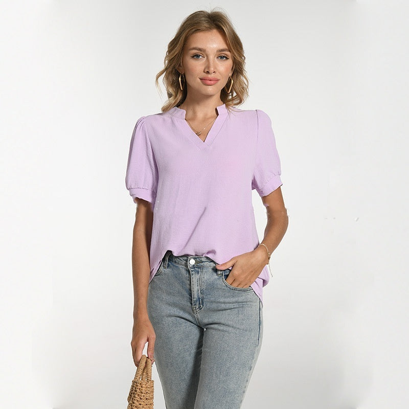 Comfortable Breathable V-neck Puff Sleeve Elegant Short Sleeve T-shirt