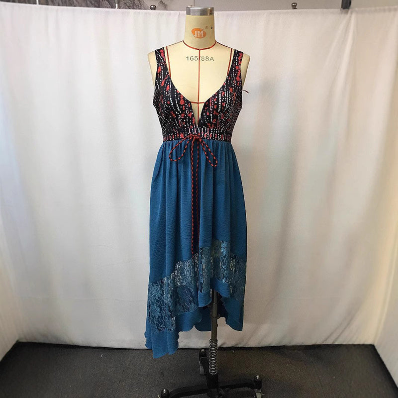 Women's V-Neck Camisole Print Dress With Tie Asymmetric Hem Midi Dress Fashion Vacation Dress For Spring Summer