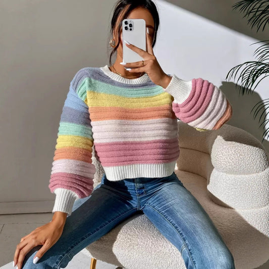 Elegant Elegant Spliced Rainbow Striped Lantern Sleeve Sweater