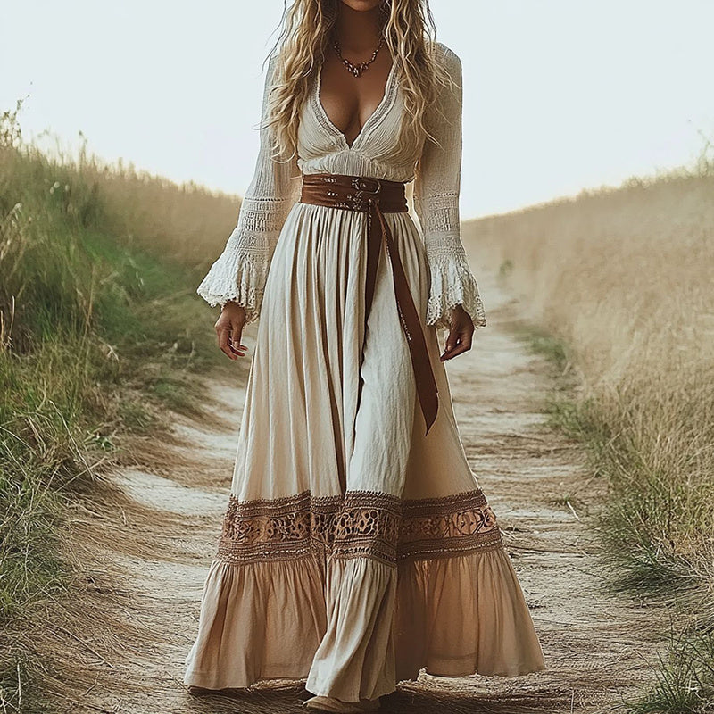 Boho Chic Maxi Dress, Women's Vintage-Inspired Lace Trim With Deep V-Neck Elegant Dress, No Belt Included